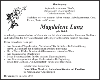 Traueranzeige von Magdalene Lang von Ostthüringer Zeitung