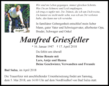 Traueranzeige von Manfred Griesfeller von Thüringer Allgemeine, Thüringische Landeszeitung