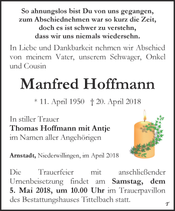 Traueranzeige von Manfred Hoffmann von Thüringer Allgemeine
