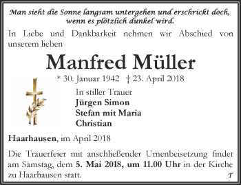 Traueranzeige von Manfred Müller von Thüringer Allgemeine, Thüringische Landeszeitung