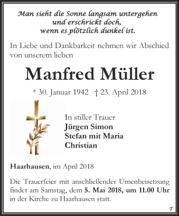 Traueranzeige von Manfred Müller von Thüringer Allgemeine