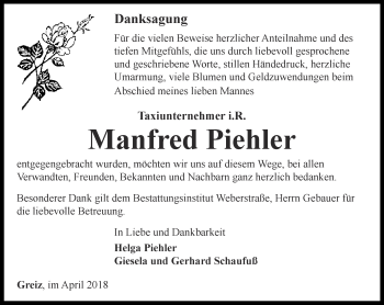 Traueranzeige von Manfred Piehler