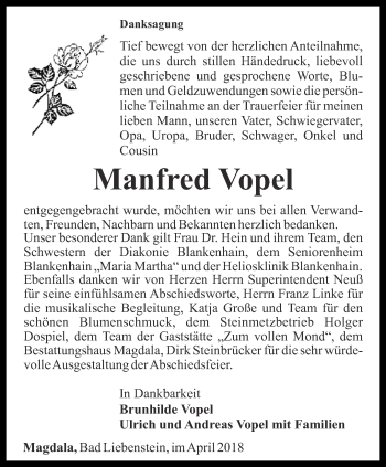 Traueranzeige von Manfred Vopel von Thüringer Allgemeine, Thüringische Landeszeitung