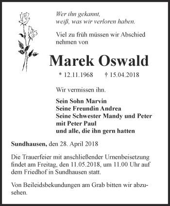 Traueranzeige von Marek Oswald von Thüringer Allgemeine