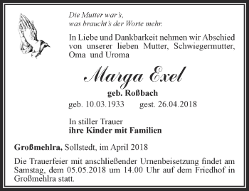 Traueranzeige von Marga Exel von Thüringer Allgemeine, Thüringische Landeszeitung
