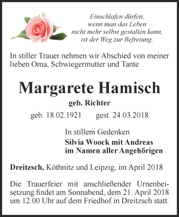 Traueranzeige von Margarete Hamisch