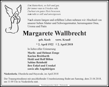 Traueranzeige von Margarete Wallbrecht von Thüringer Allgemeine, Thüringische Landeszeitung