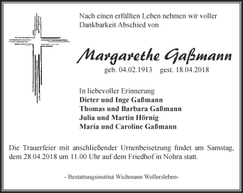 Traueranzeige von Margarethe Gaßmann von Thüringer Allgemeine