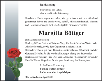 Traueranzeige von Margitta Böttger von Thüringer Allgemeine, Thüringische Landeszeitung