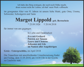 Traueranzeige von Margot Lippold