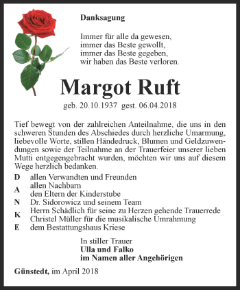 Traueranzeige von Margot Ruft von Thüringer Allgemeine