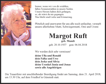 Traueranzeige von Margot Ruft von Thüringer Allgemeine
