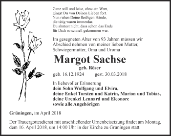 Traueranzeige von Margot Sachse von Thüringer Allgemeine