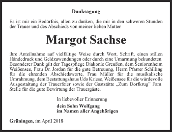 Traueranzeige von Margot Sachse von Thüringer Allgemeine