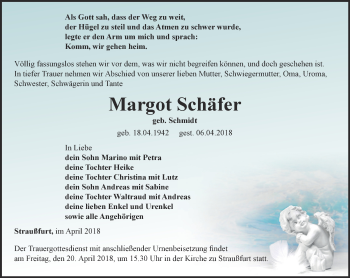 Traueranzeige von Margot Schäfer von Thüringer Allgemeine