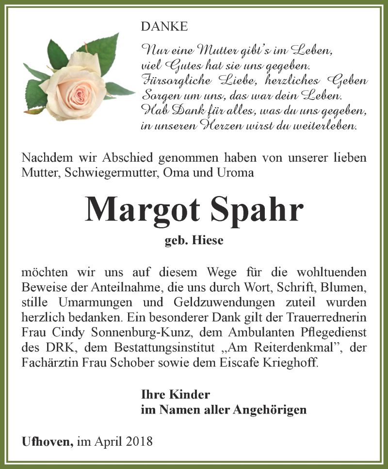  Traueranzeige für Margot Spahr vom 07.04.2018 aus Thüringer Allgemeine, Thüringische Landeszeitung