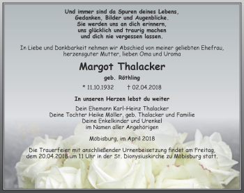 Traueranzeige von Margot Thalacker von Thüringer Allgemeine, Thüringische Landeszeitung