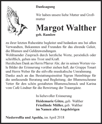 Traueranzeige von Margot Walther von Thüringer Allgemeine, Thüringische Landeszeitung