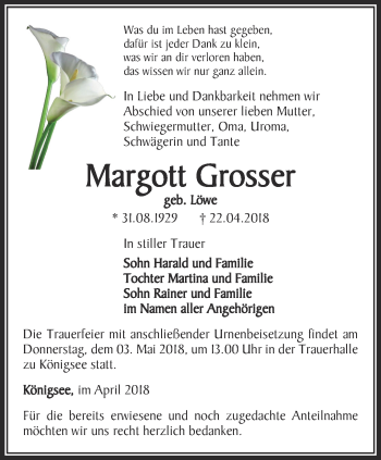 Traueranzeige von Margott Grosser von Ostthüringer Zeitung