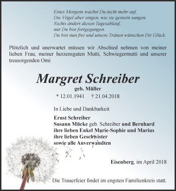 Traueranzeige von Margret Schreiber von Ostthüringer Zeitung