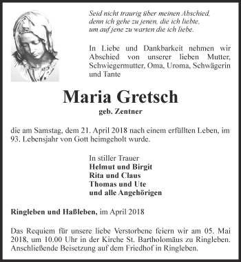 Traueranzeige von Maria Gretsch von Thüringer Allgemeine, Thüringische Landeszeitung