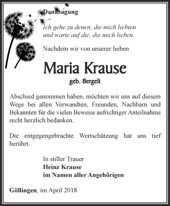 Traueranzeige von Maria Krause von Thüringer Allgemeine