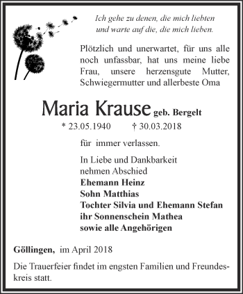 Traueranzeige von Maria Krause von Thüringer Allgemeine