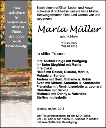 Traueranzeige von Maria Müller von Thüringer Allgemeine, Thüringische Landeszeitung