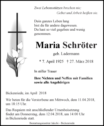 Traueranzeige von Maria Schröter von Thüringer Allgemeine, Thüringische Landeszeitung