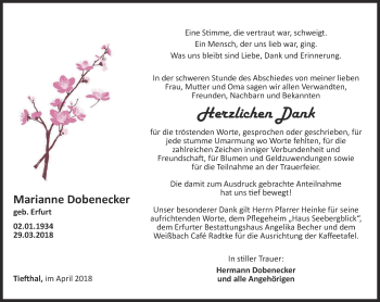 Traueranzeige von Marianne Dobenecker von Thüringer Allgemeine, Thüringische Landeszeitung