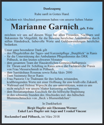 Traueranzeige von Marianne Garnich von Ostthüringer Zeitung