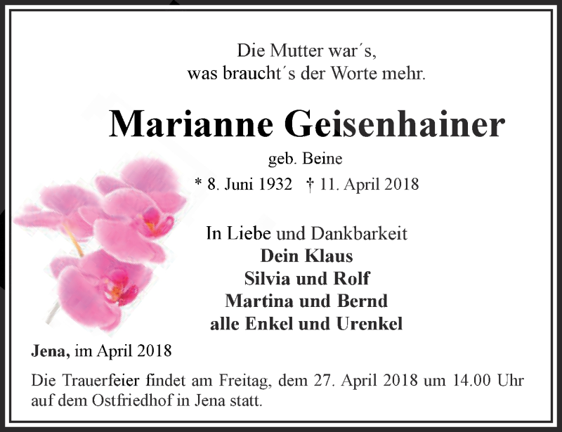  Traueranzeige für Marianne Geisenhainer vom 21.04.2018 aus Ostthüringer Zeitung, Thüringische Landeszeitung