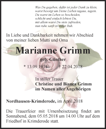 Traueranzeige von Marianne Grimm von Thüringer Allgemeine