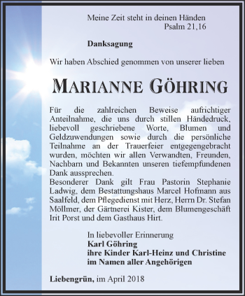 Traueranzeige von Marianne Göhring von Ostthüringer Zeitung