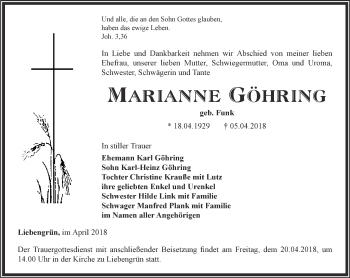 Traueranzeige von Marianne Göhring von Ostthüringer Zeitung