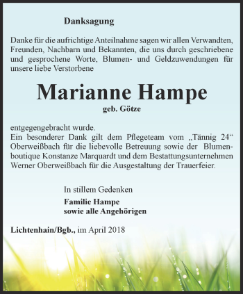 Traueranzeige von Marianne Hampe von Ostthüringer Zeitung