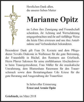 Traueranzeige von Marianne Opitz von Thüringer Allgemeine