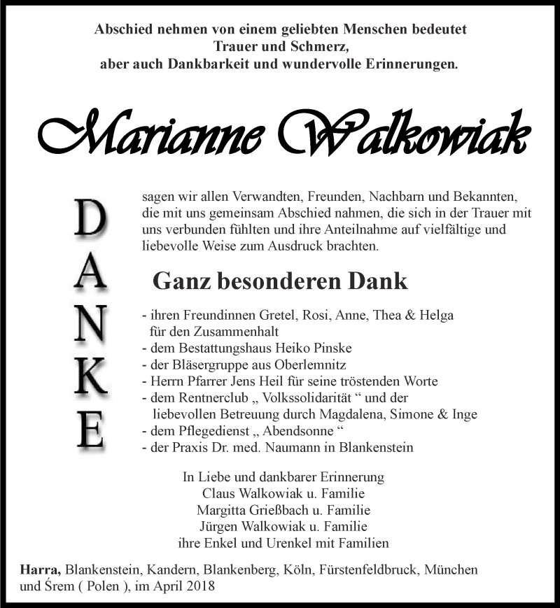  Traueranzeige für Marianne Walkowiak vom 24.04.2018 aus Ostthüringer Zeitung