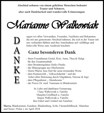 Traueranzeige von Marianne Walkowiak von Ostthüringer Zeitung