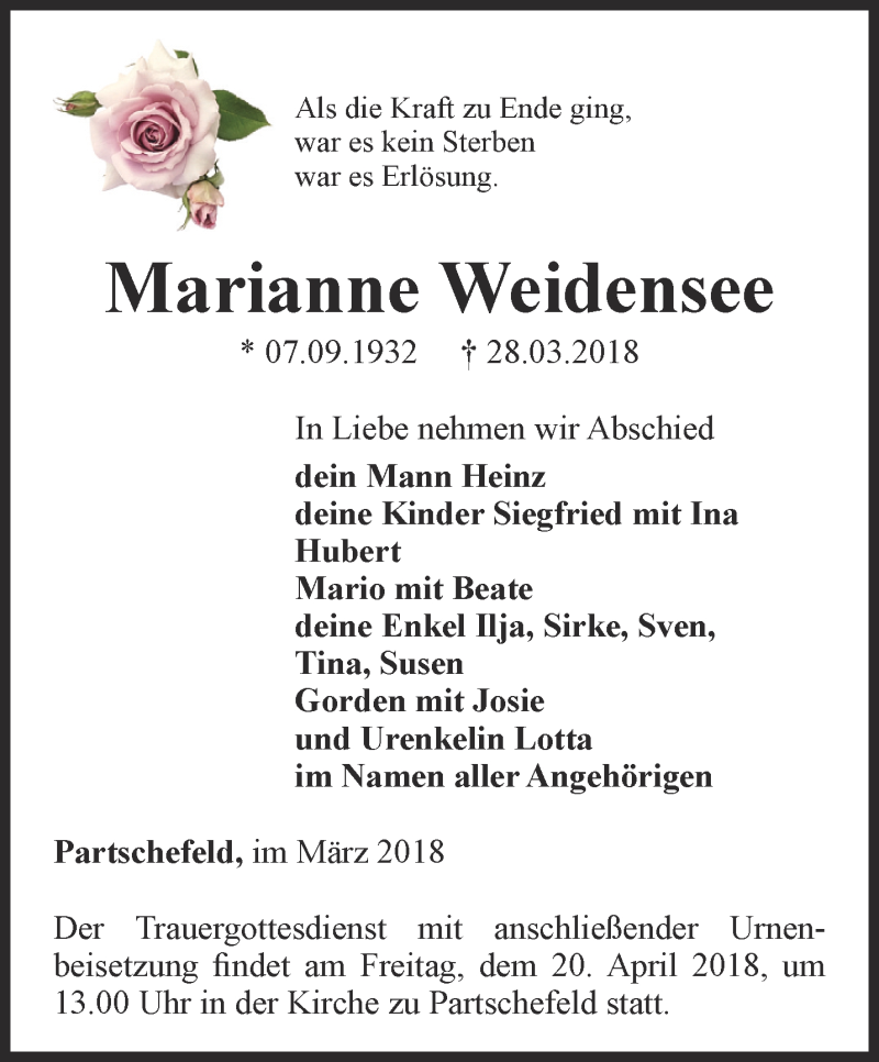  Traueranzeige für Marianne Weidensee vom 13.04.2018 aus Ostthüringer Zeitung