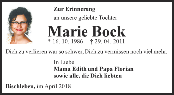 Traueranzeige von Marie Bock von Thüringer Allgemeine, Thüringische Landeszeitung