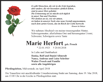 Traueranzeige von Marie Herfort von Ostthüringer Zeitung, Thüringische Landeszeitung
