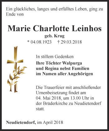 Traueranzeige von Marie Charlotte Leinhos von Thüringer Allgemeine, Thüringische Landeszeitung