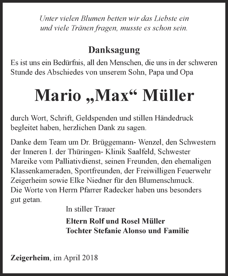  Traueranzeige für Mario Müller vom 20.04.2018 aus Ostthüringer Zeitung
