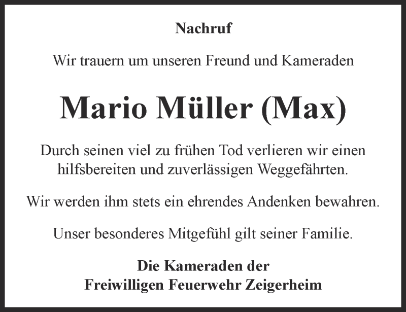  Traueranzeige für Mario Müller vom 07.04.2018 aus Ostthüringer Zeitung