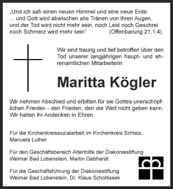 Traueranzeige von Maritta Kögler von Ostthüringer Zeitung