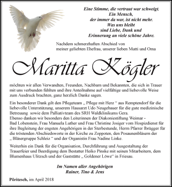 Traueranzeige von Maritta Kögler von Ostthüringer Zeitung