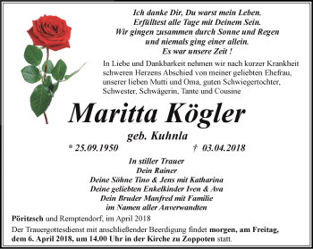 Traueranzeige von Maritta Kögler von Ostthüringer Zeitung