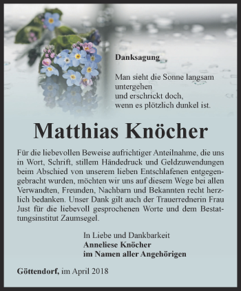 Traueranzeige von Matthias Knöcher von Ostthüringer Zeitung