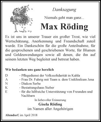 Traueranzeige von Max Röding von Ostthüringer Zeitung, Thüringische Landeszeitung